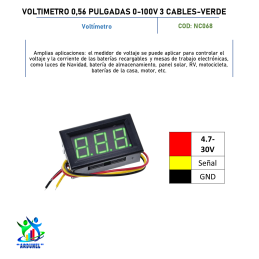 VOLTIMETRO 0,56 PULGADAS 0-100V 3 CABLES, VERDE VOLTIMETRO 0,56 PULGADAS 0-100V 3 CABLES, VERDE