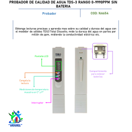PROBADOR DE CALIDAD DEL AGUA TDS-3 RANGO 0-9990 PPM, SIN BATERÍA PROBADOR DE CALIDAD DEL AGUA TDS-3 RANGO 0-9990 PPM, SIN BATERÍA