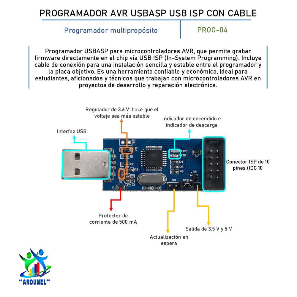PROGRAMADOR AVR USBASP USB ISP CON CABLE